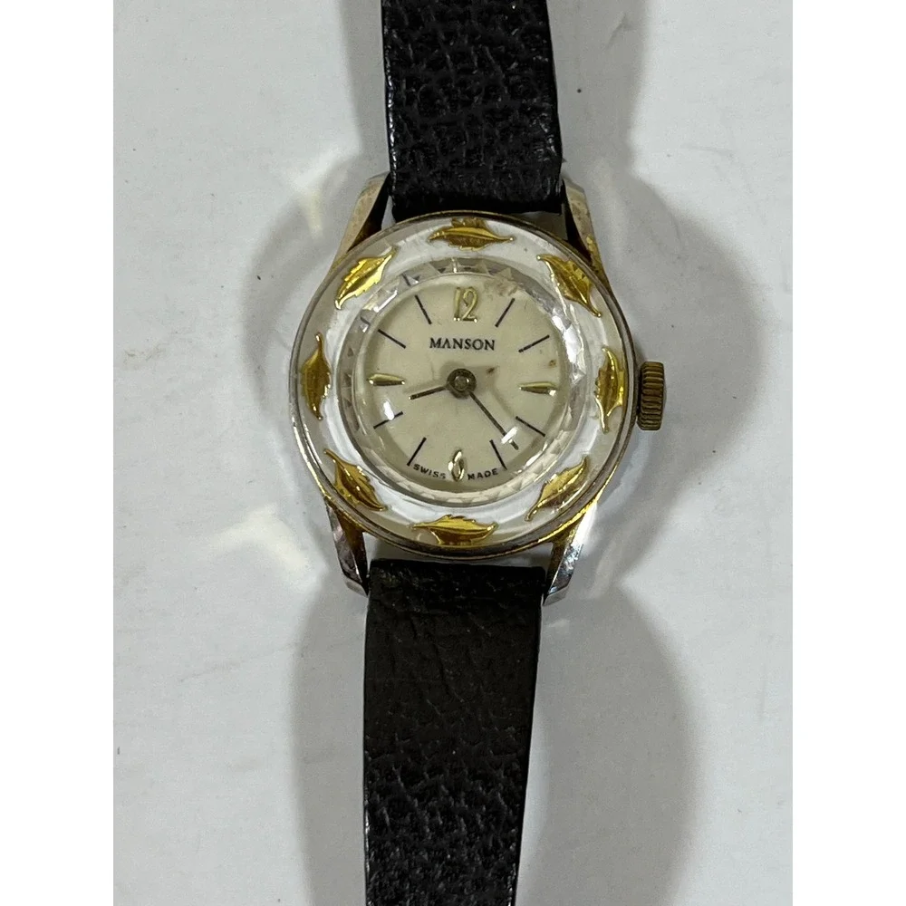 Vintage Manson Swiss Made Ladies Watch Gold Tone Round Bezel Brown Leather Strap
